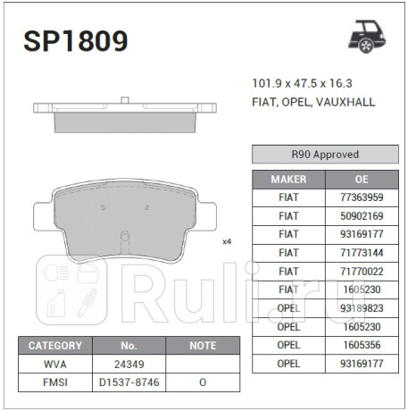 SP1809 - Колодки тормозные дисковые задние (HI-Q) Fiat Grande Punto (2005-2011) для Fiat Grande Punto (2005-2011), HI-Q, SP1809